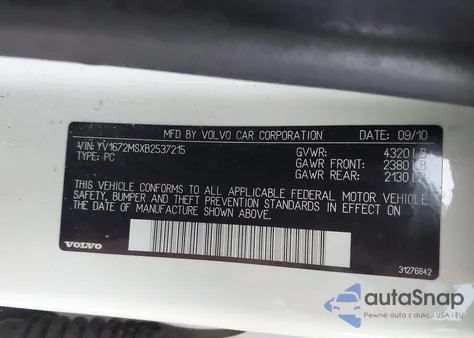 2011 Volvo S40 T5/T5 R-Design z USA, uszkodzony, nr VIN YV1672MSXB2537215